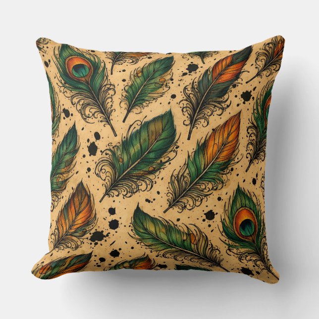 Coussin Motif de plumes de paon bohème  (Recto)