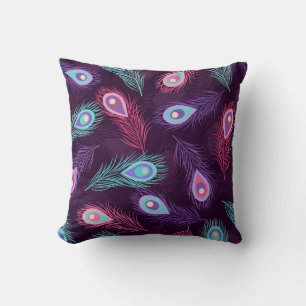 Coussin Motif de plumes de paon dessinées à la main. Vint