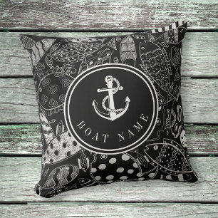 Coussin Motif de poisson blanc noir Ancre nautique Nom du