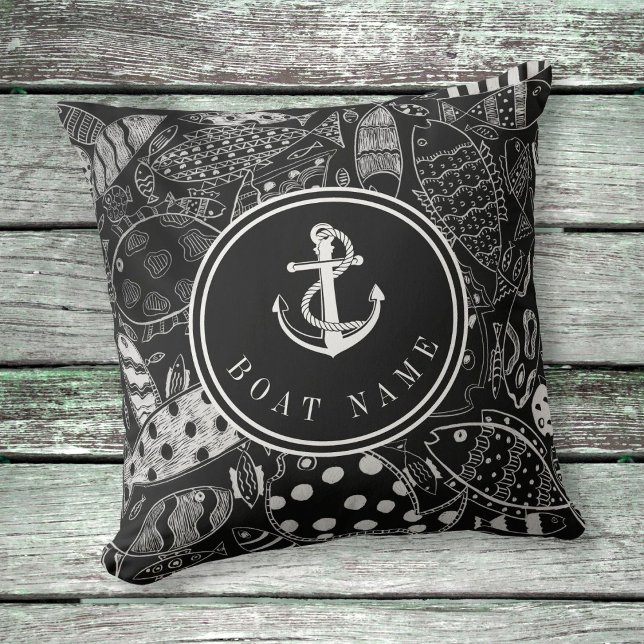 Coussin Motif de poisson blanc noir Ancre nautique Nom du  (Créateur téléchargé)