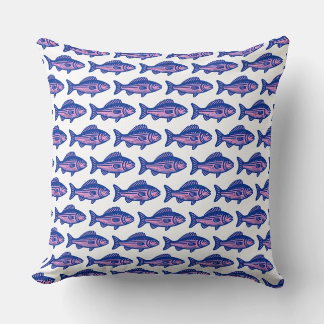 Coussin Motif de poisson - bleu marine et rose sur blanc (Recto)