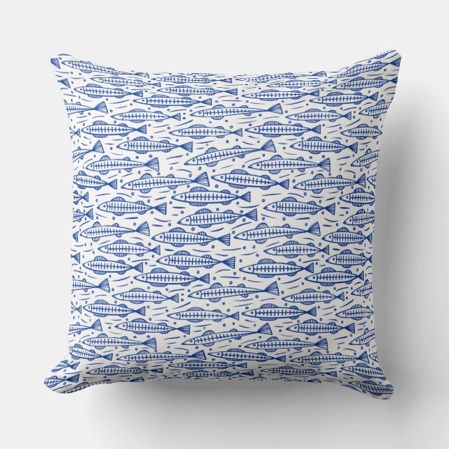 Coussin Motif de poisson - bleu marine sur blanc (Recto)
