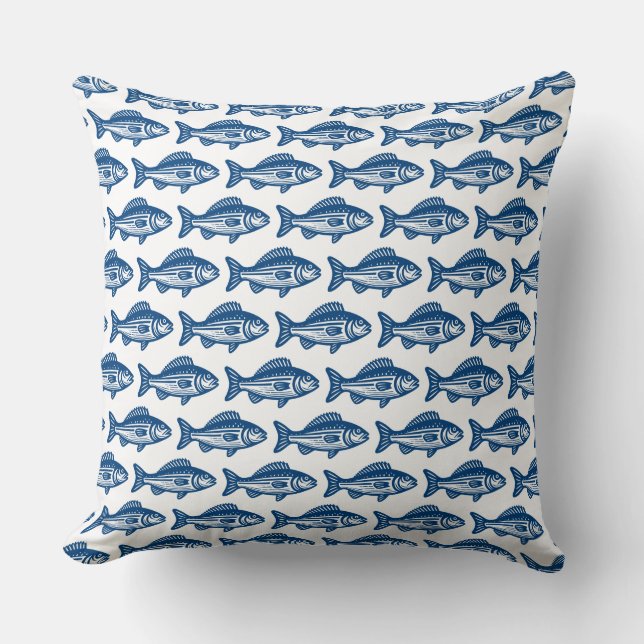 Coussin Motif de poisson - bleu Shibori sur blanc (Recto)