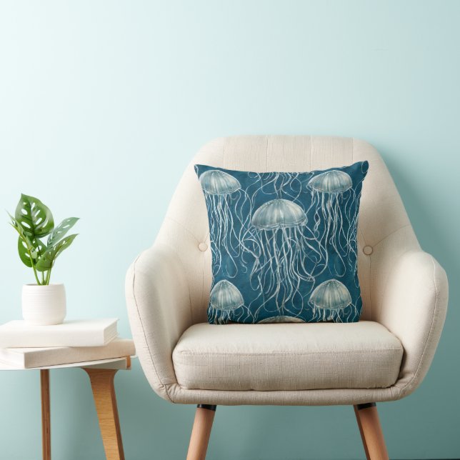 Coussin Motif de poisson marine bleu et blanc gelée (Chaise)