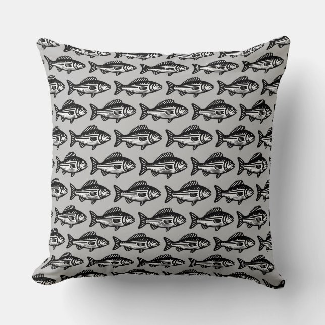 Coussin Motif de poisson - noir et blanc sur gris (Recto)