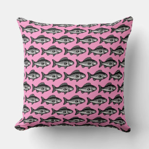 Coussin Motif de poisson - noir et blanc sur rose