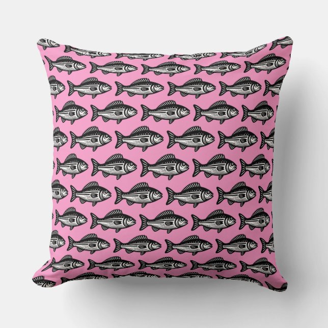 Coussin Motif de poisson - noir et blanc sur rose (Recto)