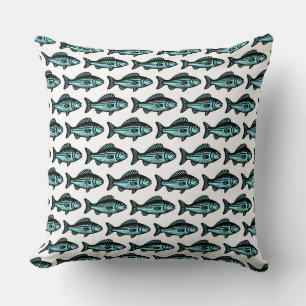 Coussin Motif de poisson - noir et bleu glacé sur blanc