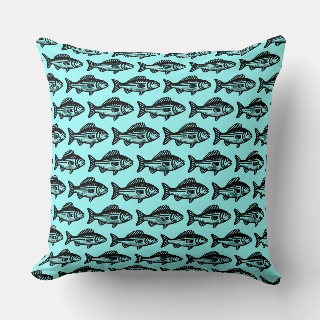 Coussin Motif de poisson - Noir sur glace Bleu (Recto)