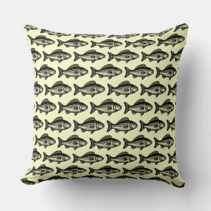Coussin Motif de poisson - Noir sur jaune pâle
