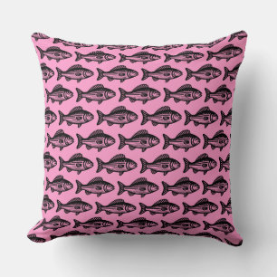 Coussin Motif de poisson - Noir sur rose