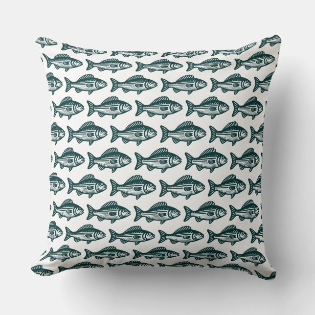 Coussin Motif de poisson - Vert foncé sur blanc (Recto)