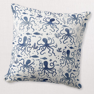 Coussin Motif de poulpe sous-marin à l'aquarelle bleue côt