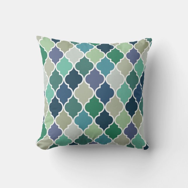 Coussin Motif de quatrefoil bleu, vert et turquoise (Recto)