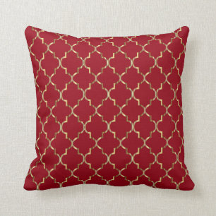 Coussin Motif de Quatrefoil d'or sur rouge foncé