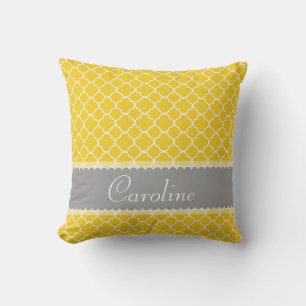 Coussin Motif de Quatrefoil gris blanc jaune personnalisé