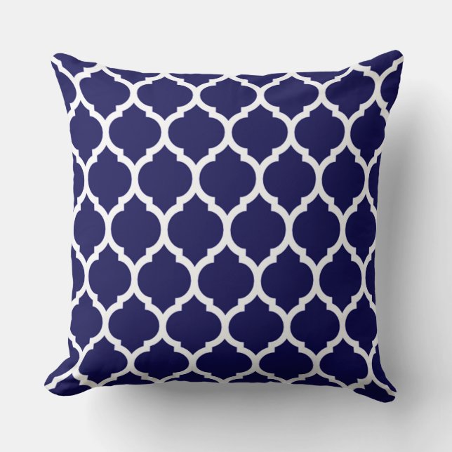 Coussin Motif de Quatrefoil Marocain Bleu Marine (Recto)