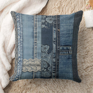 Coussin Motif de rayure en dentelle de denim indigo
