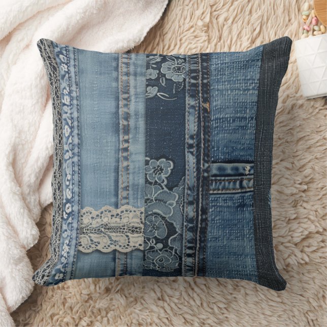 Coussin Motif de rayure en dentelle de denim indigo (Couverture)