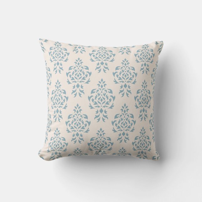Coussin Motif de répétition de damassé de crête - bleu sur (Recto)