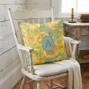 Coussin Motif de rose en monogramme jaune aquarelle vintag