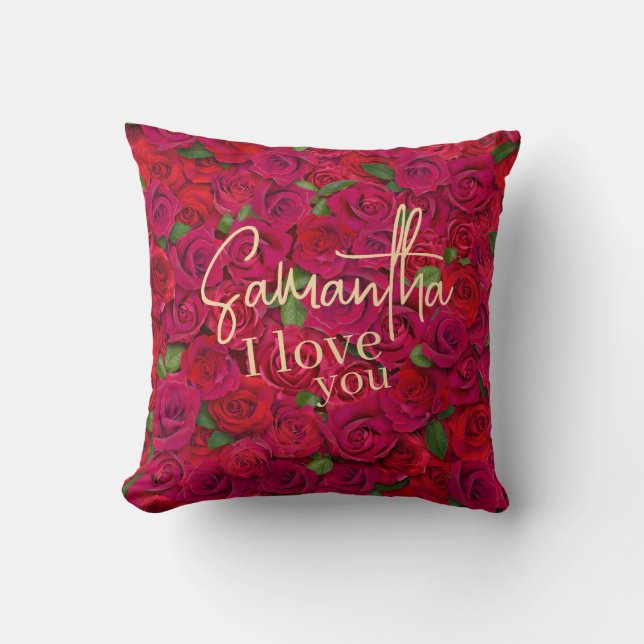 Coussin Motif de rose rouge profond Je t'aime avec nom per (Recto)