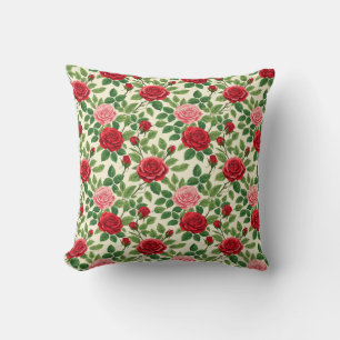 Coussin Motif de rose vibrant avec des roses rouges et ros