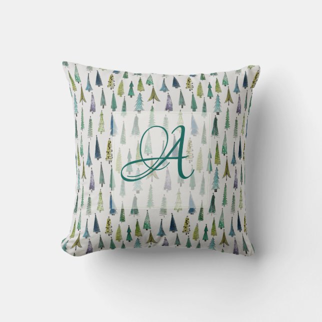Coussin Motif de sapins de forêt hivernale Décor monogramm (Recto)
