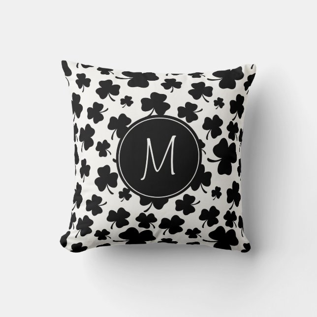 Coussin Motif de Shamrock noir et blanc amusant avec monog (Recto)