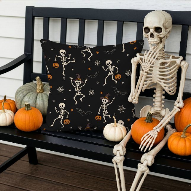 Coussin Motif de squelette dansant Halloween mignon Noir (Créateur téléchargé)
