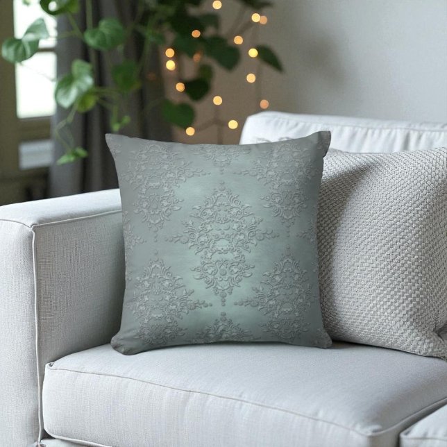 Coussin Motif de style damassé gris sarcelle poussiéreux (Créateur téléchargé)