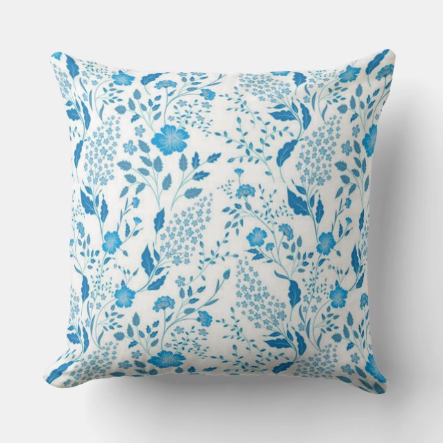 Coussin Motif de style de broderie florale blanc bleu   (Recto)