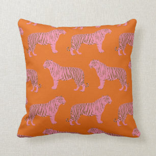 Coussin Motif de Tigre Mignon en Rose et Orange Vibrants