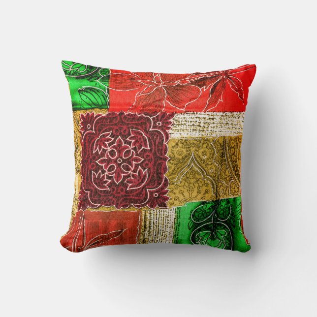 Coussin Motif de tissu Vintage Orange Green Gold Patchwork (Recto)