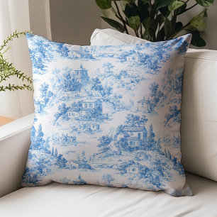 Coussin Motif de Toile de Jouy bleue avec maisons de campa