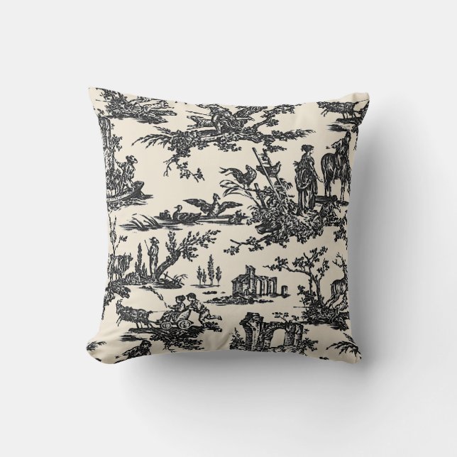 Coussin Motif de Toile en français noir et ivoire (Recto)