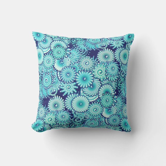 Coussin Motif de tourbillon fractal, nuances de bleu denim (Recto)