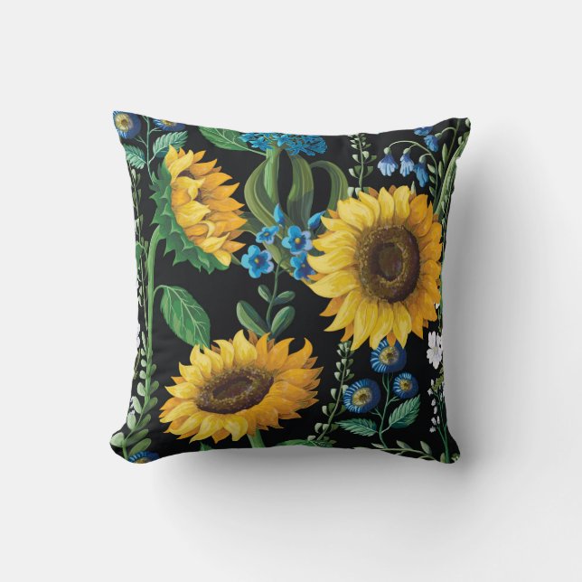 Coussin Motif de tournesol Arrière - plan noir (Recto)