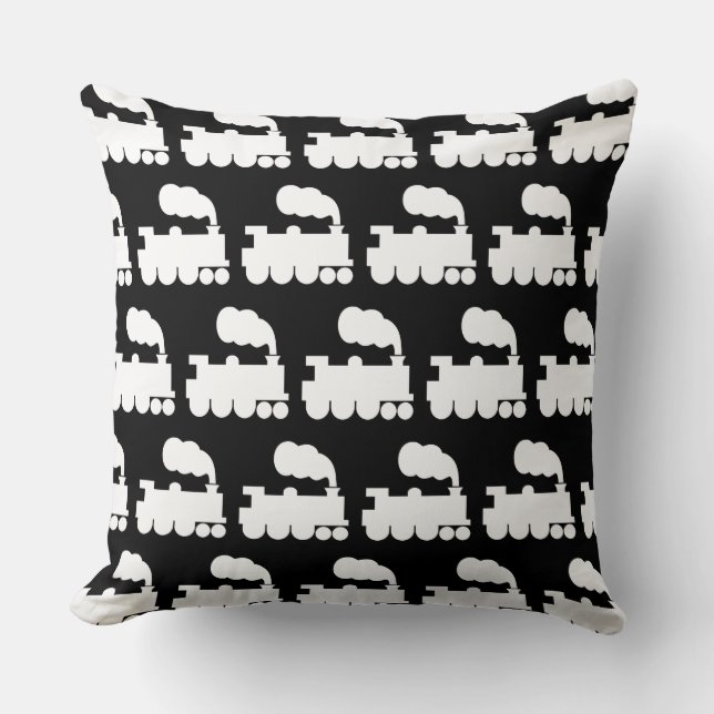 Coussin Motif de train à vapeur - Blanc sur Noir (Recto)