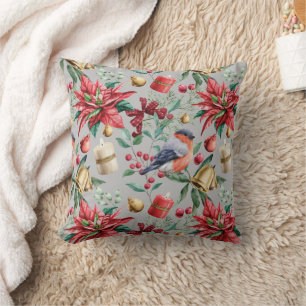 Coussin Motif de vacances aux oiseaux d'hiver de Poinsetti