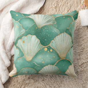 Coussin Motif de vague de coquille de mer dorée en bleu sa