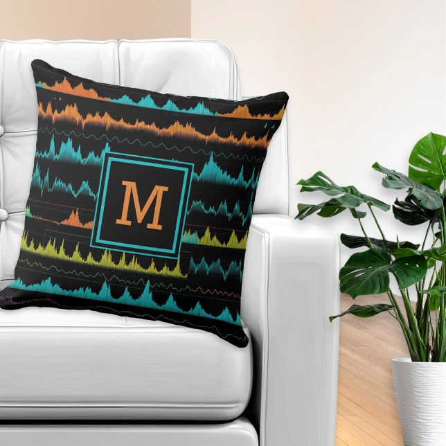 Coussin Motif de vague sonore abstrait Retro Synthwave (A stylish monogrammed throw pillow with pattern in the style of audio sound waves)