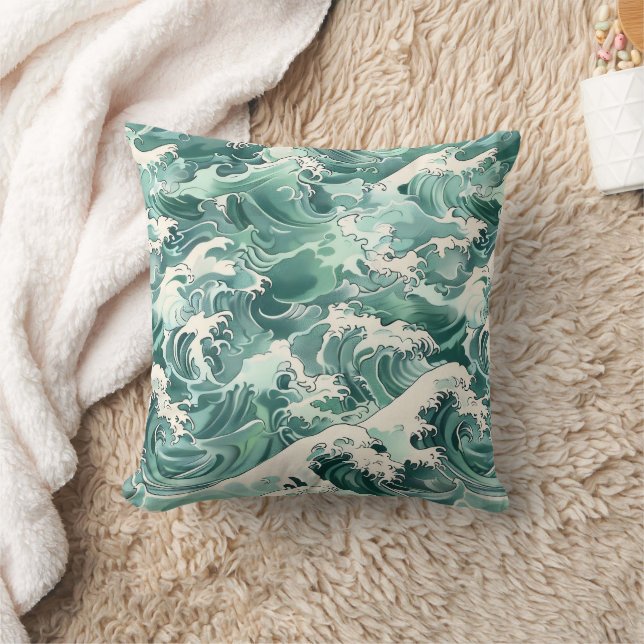 Coussin Motif de vagues de l'océan japonais Aqua (Couverture)