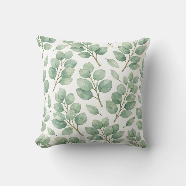 Coussin Motif de verdure d'eucalyptus à l'aquarelle (Recto)
