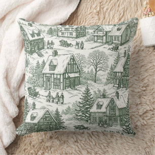 Coussin Motif de village de Noël vintage toile verte (2)