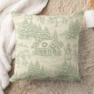Coussin Motif de village de Noël vintage toile verte (5)