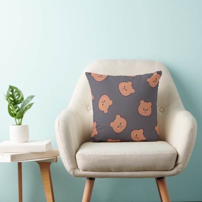 Coussin Motif de visage d'ours en peluche marron foncé ble (Chaise)