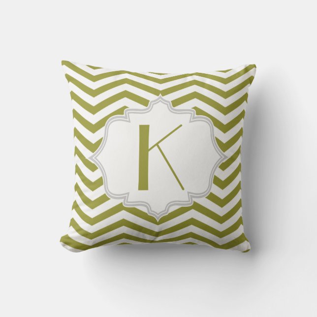 Coussin Motif de zigzag de chevron blanc vert olive (Recto)