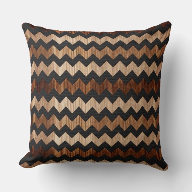 Coussin Motif de zigzag noir de cuir et en bois (Recto)