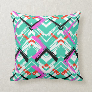 Coussin Motif de zigzag turquoise tiré par la main